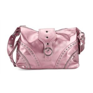 Pink Faux Leather Riveted Hobo Bag